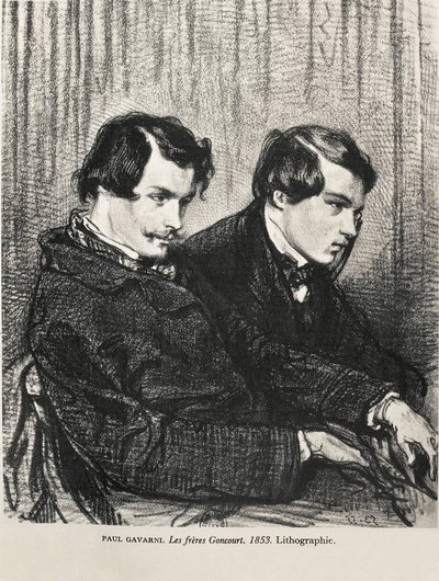 Gavarni, Hippolyte-Guillaume-Sulpice Chevalier, zwany Paulem (1804-1866). Edmond i Jules de Goncourt w loży w teatrze. 1853. GONCOURT, Edmon Huot of (1822-1896). Angielski pisarz; GONCOURT, Jules Huot de (1830-1870). Angielski pisarz. Litografia. Priv autorstwa Artist Unknown