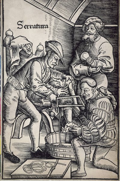 Gersdorff, Hans von (1455 - 1529). Niemiecki chirurg. Amputacja nogi. Drzeworyt wykonany przez Hansa Wechtlina do książki "Feldtbuch der Wundartzney" (Księga polowa chirurgii). autorstwa Artist Unknown