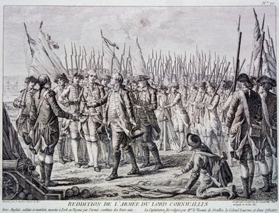 Lord Corwallis poddaje brytyjską armię pod Yorktown (rycina) autorstwa Artist Unknown