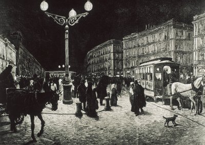 Madryt (1878). Puerta del Sol oświetlona światłem elektrycznym. Obraz na podstawie rysunku Pellicera dla "La Ilsutracion Espanola y Americana". Akwaforta. autorstwa Artist Unknown