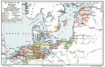 Mapa zasięgu Ligi Hanzeatyckiej w około 1400 r. (druk) autorstwa Artist Unknown