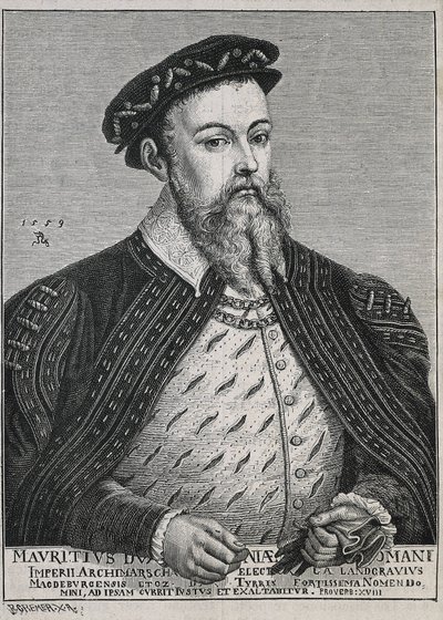 Maurycy Saski (1521-1553). Książę (1541-47) i późniejszy elektor (1547-53) Saksonii. Protestant od 1539 roku. Portret na podstawie obrazu Lucasa Cranacha. Rycina autorstwa Artist Unknown