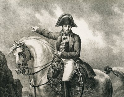 NAPOLEON I Bonaparte (1769-1821). Francuski wojskowy i polityk, cesarz Francji (1804-1815). Szczegół konnego portretu Napoleona, inspirowany oryginalnym portretem Josepha Chaborda. Rycina autorstwa Artist Unknown