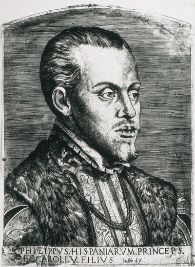 Filip II Hiszpański (1527-1598). Król Hiszpanii (1556-1598) i Portugalii (1580-1598). Portret Filipa jeszcze jako księcia. Ksylografia. autorstwa Artist Unknown