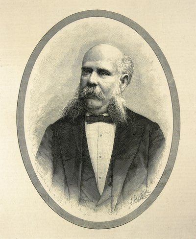RIUS I TAULET, Francesc de Paula (1833-1889). Hiszpański prawnik i polityk. Burmistrz Barcelony i promotor Powszechnej Wystawy w Barcelonie w 1888 roku. Portret opublikowany w "La Ilustracion Espanola y Americana" przez A. Carretero. Rycina. autorstwa Artist Unknown