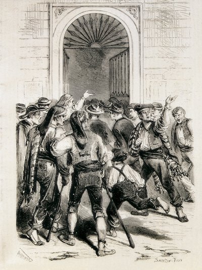 Hiszpania (1873). Proklamacja Pierwszej Republiki i szturm na ratusz w Barcelonie (11 lutego 1873). Akwaforta. autorstwa Artist Unknown