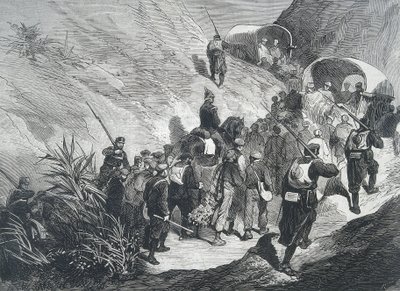 Hiszpania. Trzecia wojna karlistów. Więźniowie karlistów idący przez góry w Emporda (Katalonia). Rycina. autorstwa Artist Unknown