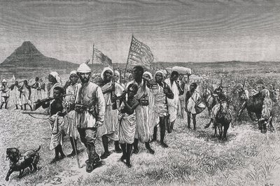 Stanley, Sir Henry Morton (1841-1904). "Through the Ounyoro", ilustracja do francuskiego wydania dzieła "Through the Dark Continent". Akwaforta. FRANCJA. ILE-DE-FRANCE. Paryż. Biblioteka Sztuki Dekoracyjnej autorstwa Artist Unknown