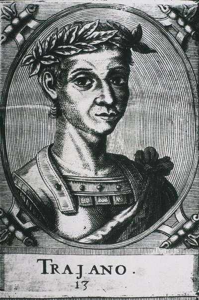 TRAJAN, Marek Ulpiusz Trajan (53-117). Portret Trajana z laurem. Szczegół oryginalnej ryciny. Rycina. autorstwa Artist Unknown