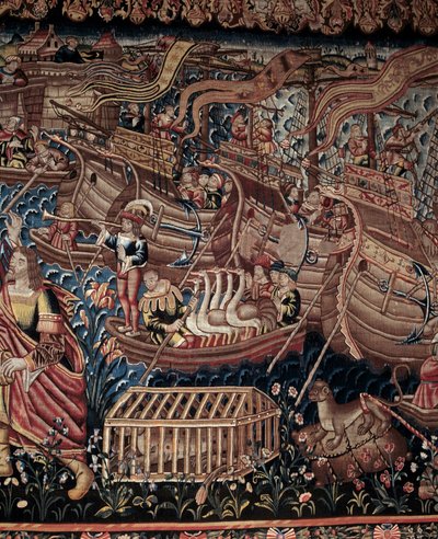 Portugalski nawigator Vasco de Gama (1459-1524) przybył do Calicut w Indiach w 1498 r., detal, gobelin autorstwa Artist Unknown