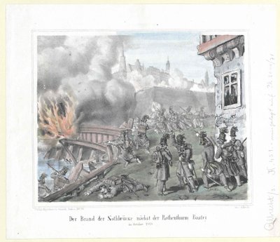 Pożar Nothbruecke w pobliżu bastionu Rothenthurm w październiku 1848 r. autorstwa Artist Unknown