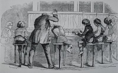 ZJEDNOCZONE KRÓLESTWO. ANGLIA. Rewolucja przemysłowa. Dzieci korzystające z maszyn w fabryce włókienniczej. Grawerunek. autorstwa Artist Unknown