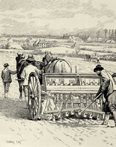 ZJEDNOCZONE KRÓLESTWO. ANGLIA. Rewolucja przemysłowa. Maszyna wiertnicza wynaleziona przez Jethro Tulla. Siew jęczmienia w lutym. Rysunek Gunninga Kinga opublikowany w "The Illustrated London News". Rycina. autorstwa Artist Unknown