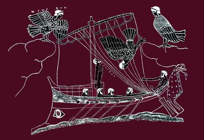 Odyseusz i syreny próbują przyciągnąć statek żeglarzy. Odyseusz przyczepia się do maty swojej łodzi i ustami przyciąga uszy swoich towarzyszy. Rysunek z obrazu na wazie. autorstwa Artist Unknown