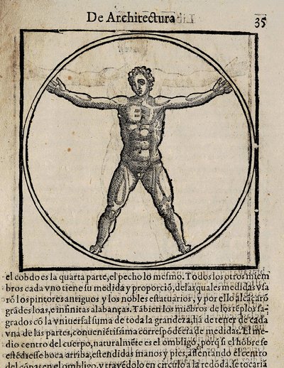 VITRUVIUS, Marcus Vitrubius Pollio (1 wiek p.n.e.). "De Architectura" (O architekturze), z tłumaczeniem na hiszpański autorstwa Miguela de Urrea. Wydane w Alcala de Henares przez Juana Graciana (1582). Ilustracja na stronie 35 z kanonem ludzkiego ciała. Ks autorstwa Artist Unknown