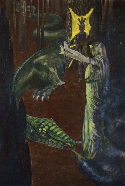 Jason obserwujący, jak Medea usypia smoka pilnującego złotego runa (kolor lito) autorstwa Artus Scheiner
