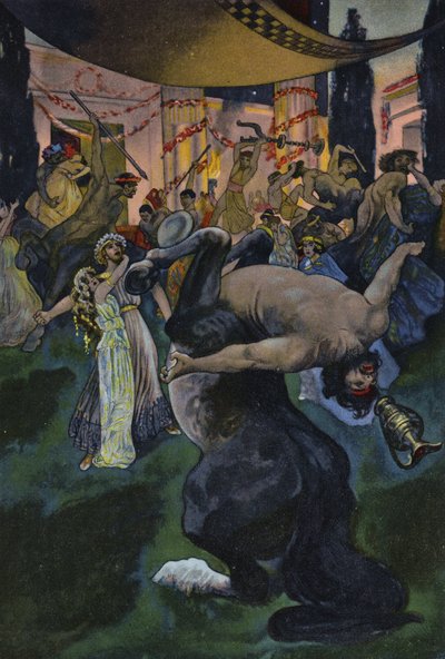 Satyry zakłócające ucztę weselną Orfeusza i Eurydyki, scena z Orfeusza w zaświatach (litografia kolorowa) autorstwa Artus Scheiner