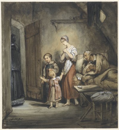 Chory mężczyzna w łóżku z żoną i dwójką dzieci obok niego autorstwa Ary Scheffer