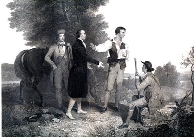 Schwytanie brytyjskiego szpiega brytyjskiego majora Johna Andre (rycina) autorstwa Asher Brown (after) Durand