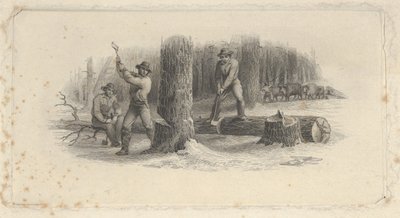 Winieta banknotu przedstawiająca leśników ścinających drzewa w zaśnieżonym lesie, ok. godz. 1824-37. autorstwa Asher Brown Durand.