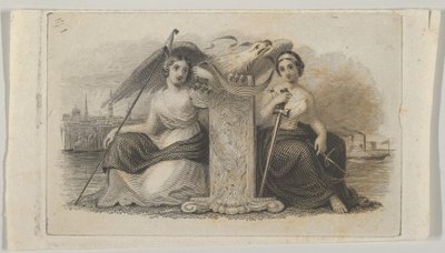 Winieta banknotu z postaciami kobiecymi reprezentującymi Wolność i Sprawiedliwość, ca. 1824-37. autorstwa Asher Brown Durand.