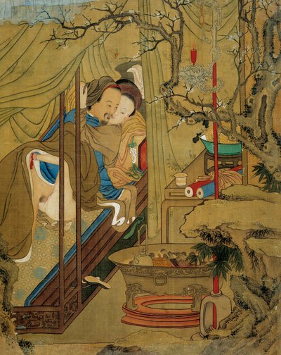 Sztuka azjatycka: scena erotyczna. Para podczas miłosnego aktu w łóżku. Malarstwo na jedwabiu z XVIII wieku. Prywatna kolekcja autorstwa Asian School