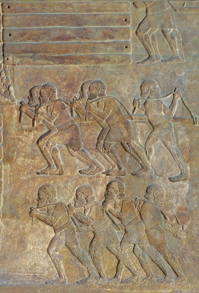 Detal płaskorzeźby przedstawiający składowanie drewna na brzegu przed transportem morskim, z Pałacu Sargona II, Chorsabad, Irak autorstwa Assyrian