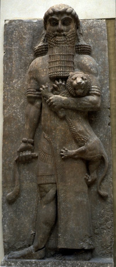 Bohater Gilgamesz opanowuje lwa, 722-705 pne autorstwa Assyrian