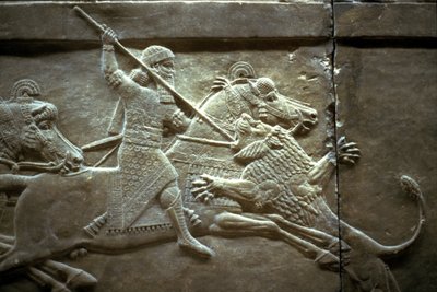 Król Aszurnasirpal II podczas królewskiego polowania na lwy, 650-620 pne autorstwa Assyrian