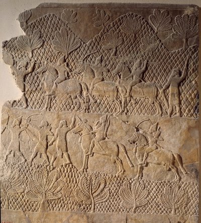 Orientalna sztuka starożytności: scena bitewna. Płaskorzeźba pałacu Assurbanipal, Asyria (VII wpne). Paryż, Musee du Louvre autorstwa Assyrian