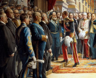 Otwarcie Kortezów w Senacie, detal Alfons XIII z Hiszpanii (1886-1941) wita Antonia Maurę y Montanera (1853-1925) wchodząc do Senatu, 24 czerwca 1920 autorstwa Asterio Mañanós Martínez