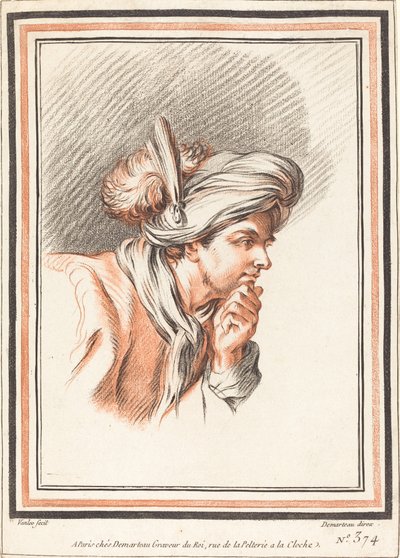 Głowa mężczyzny noszącego turban z pióropuszem autorstwa Atelier of Gilles Demarteau the Elder after Carle Van Loo