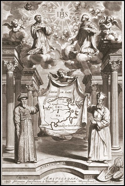 Adam Schall (z lewej) i Matteo Ricci (z prawej) w stroju chińskiego mandaryna, frontyspis „Chiny” Athanase Kircher (lub Athanasius Kircheri) autorstwa Athanasius Kircher