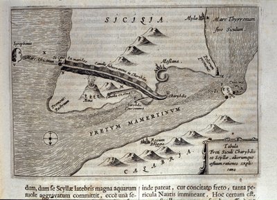 Kartograficzne przedstawienie Charybdy”” i „Scylli”” w Detroit w Mesynie na Sycylii””” Rycina z „Mundus Subterraneus”” autorstwa Athanasius Kircher (1601-1680), jezuita, orientalista i uczony 1682 autorstwa Athanasius Kircher