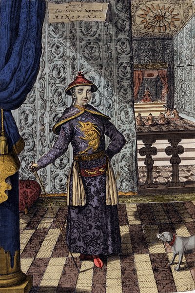 Cesarz Chin i Najwyższy Władca Tatarów - cesarz chiński Kangxi (1652-1722) dynastia Qing, rycina Athanasius Kircher (1601-1680) z „” China Monumentis, qua sacris qua profanis””” 1667 - cesarz chiński Kangxi (1652) -1722) Dynastia Qing, autorstwa Athanasius Kircher