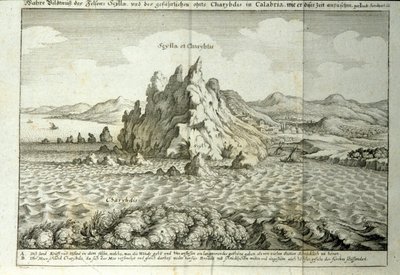 Widok skał „Charybda” i „Scylla” w Detroit w Mesynie na Sycylii”” Rycina z „Mundus Subterraneus” autorstwa Athanasius Kircher (1601-1680), jezuita, orientalista i uczony 1682 autorstwa Athanasius Kircher