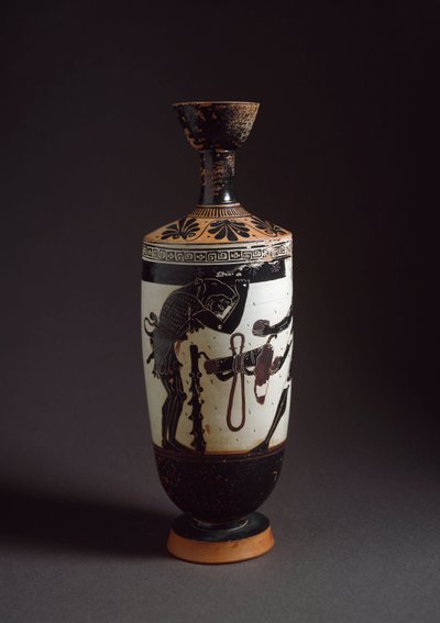 Sztuka grecka: „” Herakles i Atlas”” Szczegół Heraklesa (Herkulesa) Lekythos (lecyth) biały zrealizowany przez malarza Ateny (450-400 pne). Ateny, Narodowe Muzeum Archeologiczne autorstwa Athena Painter (workshop of)