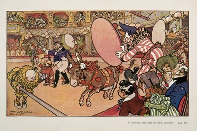 Cyrk i osioł Pinokio, ilustracja z filmu Pinokio autorstwa Attilio Mussino