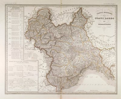 Sardynii na kontynencie. Mapa autorstwa Attilio Zuccagni-Orlandini, zaczerpnięta z Atlasu geograficznego stanów włoskich, Florencja, grawer na miedzi autorstwa Attilio Zuccagni Orlandini