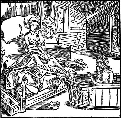 Kobieta i kąpiący się pustelnik. autorstwa attributed to Albrecht Dürer