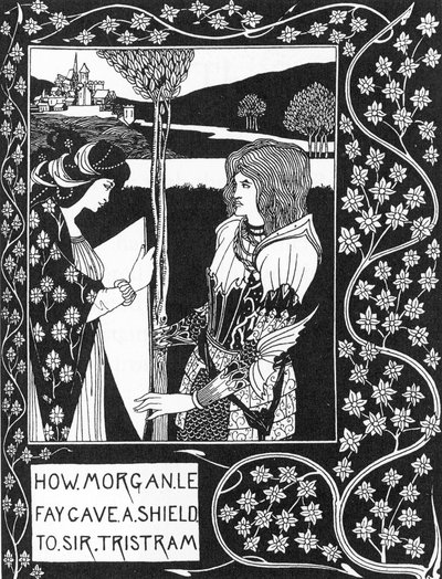 Legenda arturiańska: „” Opłata Morgane daje tarczę Tristanowi””” Grawerowanie w „Historii Tristana i jego przygód, w tym jego historii miłosnej z Izoldą”” „Śmierć Artura”” Sir Thomasa Malory