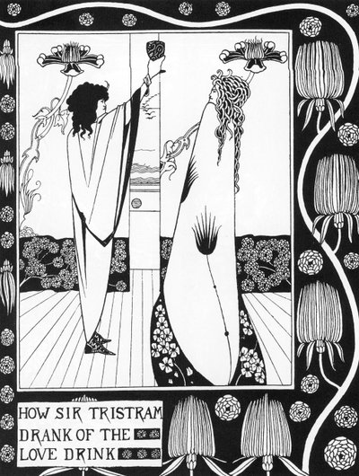 Legenda arturiańska: „”Tristan pijący miłosny filtre”””Grawerowanie w„”Historia Tristana i jego przygód, w tym jego historia miłosna z Izoldą””” od Sir Thomas Malory, wydanie zilustrowane przez Aubrey Beardsley (1872-1898) ) 1893-1894 (Arturia autorstwa Aubrey Beardsley