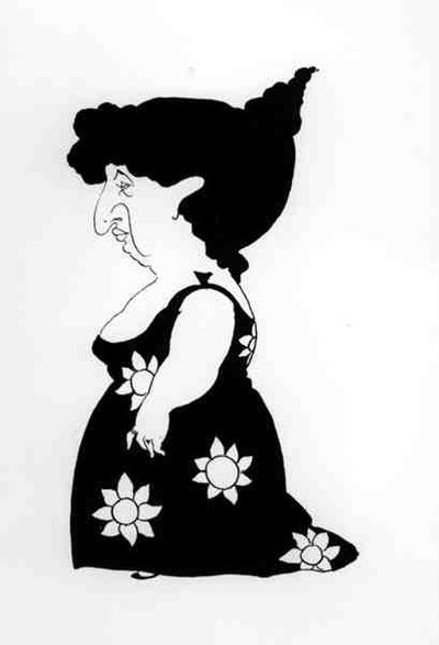 Karykatura postaci w słonecznikowej sukience z „Bon Mots” (lito) autorstwa Aubrey Beardsley