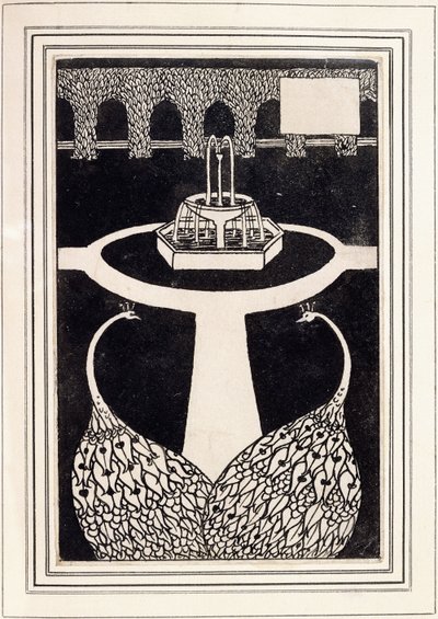 Nagłówek rozdziału przedstawiający dwa pawie w ogrodzie z fontanną, ok. 1893/4 autorstwa Aubrey Beardsley