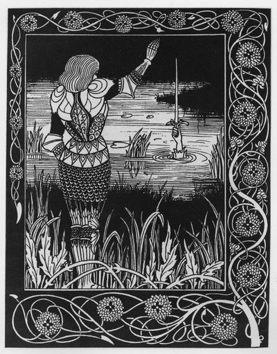 Jak Sir Bedivere rzucił miecz Excalibur do wody, ilustracja z „Le Morte d