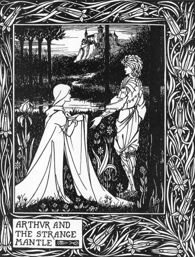 Król Artur odbierający wizytę młodej dziewczyny wysłanej za opłatą Morgane (Król Artur i dziwny płaszcz wysłany przez Morgana fay) Ilustracja Aubreya Beardsleya (1872-1898) z „Śmierci Artura” Thomasa Malory