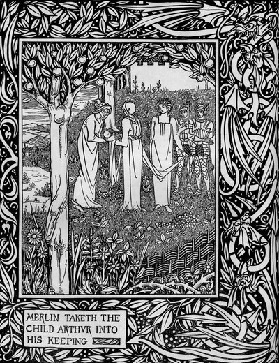 Merlin zabiera dziecko Artur do swojej pieczy, ok. 1893 r. autorstwa Aubrey Beardsley