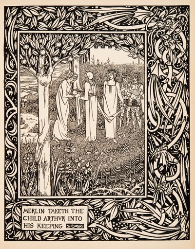 Merlin bierze dziecko Artura w opiekę, ilustracja z "Le Morte d