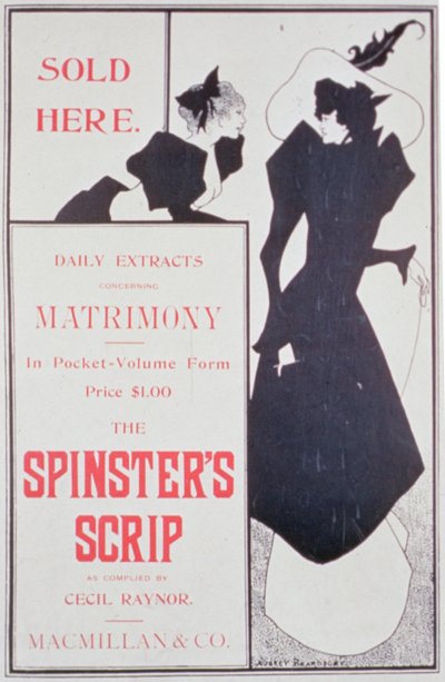 Plakat reklamujący The Spinsters Scrip, opracowany przez Cecila Raynora, opublikowany przez Macmillan & Co. autorstwa Aubrey Beardsley
