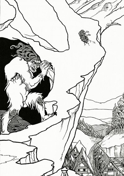 Osuwisko, strona tytułowa „Pastor Sang” Bjornona, 1899 autorstwa Aubrey Beardsley